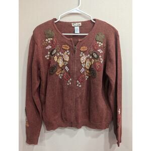 Brown embroidered Fall-themed zippered cardigan, Heirloom Collectables, size L